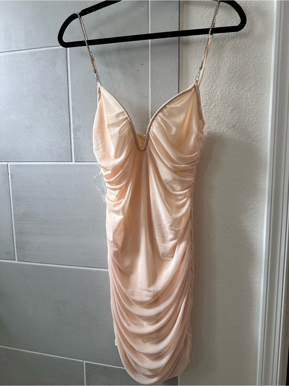 Chain-Strap Draped Mini Dress in Blush